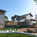 Rural Self-built House With Traditional Chinese Roof Courtyard Design Wooden Terrace And Lawn Area