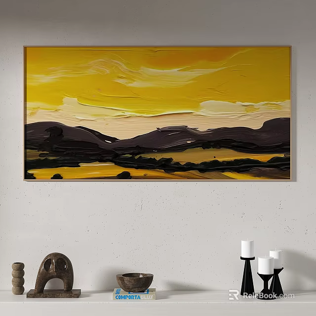 Abstract Landscape Painting With Vibrant Yellow Sky Dark Brown Hills And Thick Textured Brushstrokes 3d model 