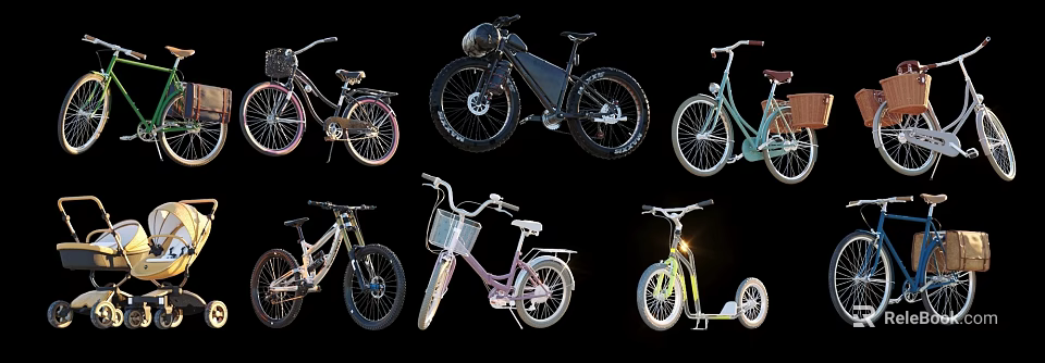 Various Styles of Bicycles Including Vintage Electric Models With Baskets And Lights 3d model 