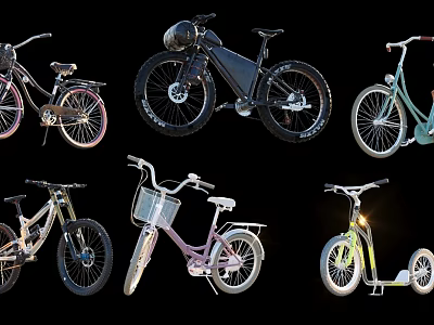 Various Styles of Bicycles Including Vintage Electric Models With Baskets And Lights 3d model