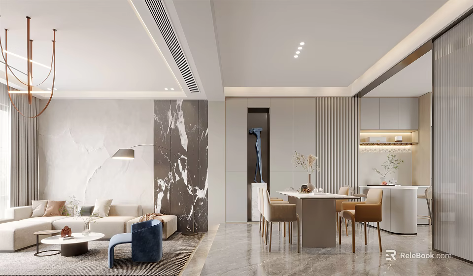 Modern Duplex Living Room Interior With Sofa Dining Table Marble Wall And Lighting 3d model