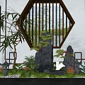 Traditional Chinese Interior Landscape With Octagonal Lattice Window Rockery Green Plants And Lanterns