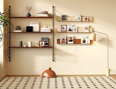 Modern Interior Wall Mounted Shelves With Books Decorations Photo Frames And Plant 3d model