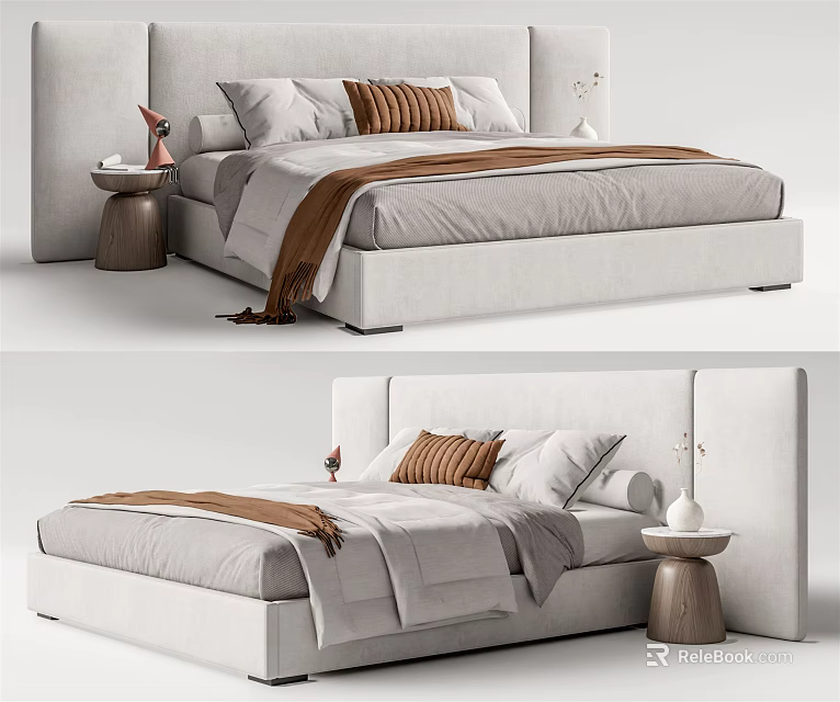 Double Bed With White Frame Gray Sheets Brown Blanket And Wooden Side Table 3d model 