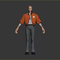 3D Male Character Wearing Red Bomber Jacket Gray Pants And Black Shoes With White Badge
