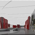 Modern Cinema Interior With Red Pillars Curved Ceiling And Spacious Lobby 3d model