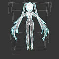 Anime Style Game Movie Character Rear View With Blue Twin Ponytails And White Red Leotard