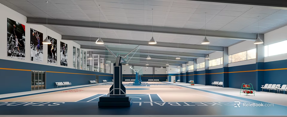 Modern Basketball Court Interior With Pendant Lights Blue Walls White Floor Lines and Hoops 3d model 
