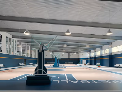 Modern Basketball Court Interior With Pendant Lights Blue Walls White Floor Lines and Hoops 3d model