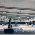 Modern Basketball Court Interior With Pendant Lights Blue Walls White Floor Lines and Hoops