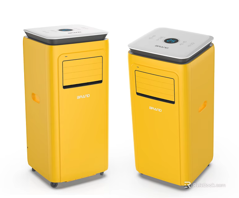 Portable Yellow Standing Air Cooler Fans With Wheels And Modern Design 3d model 