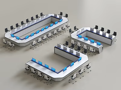 Modern Office Desk Layout With Multiple Workstations Computer Monitors And Chairs 3d model
