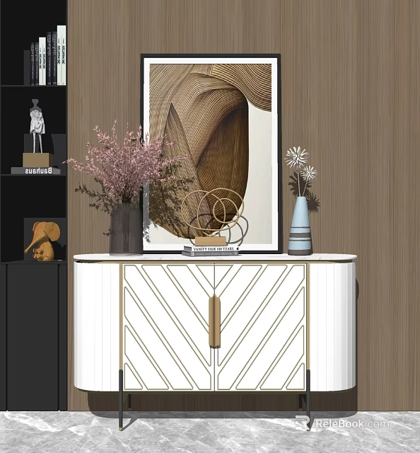Entryway Console Cabinet With White Gold Decor Vases Flowers And Abstract Painting On Wooden Wall 3d model 