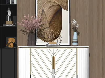 Entryway Console Cabinet With White Gold Decor Vases Flowers And Abstract Painting On Wooden Wall 3d model