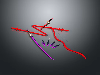Colorful Fantasy Weapons Collection Featuring Red Bow Purple Sword And Arrows 3d model