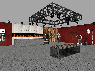 Fashion Clothing Store Interior With Red Walls Black Metal Ceiling And Display Tables 3d model