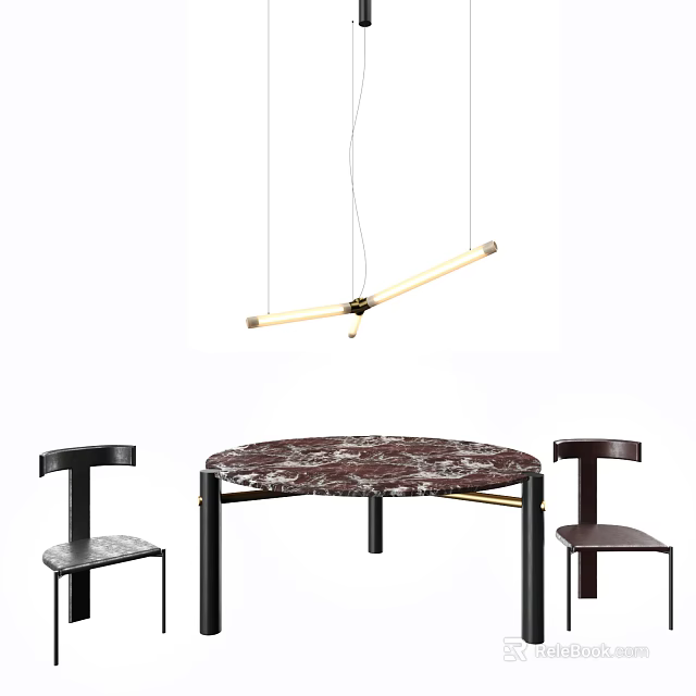 Round Marble Top Dining Table Set With Black Chairs And Modern Pendant Light 3d model
