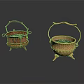 Decorative Copper And Golden Metal Containers With Ornate Handles And Stands