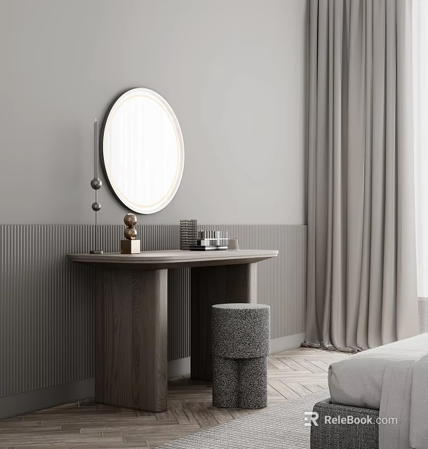Modern Wooden Dressing Table With Round White Frame Mirror And Grey Textured Stool 3d model 