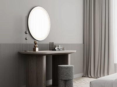 Modern Wooden Dressing Table With Round White Frame Mirror And Grey Textured Stool 3d model