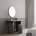 Modern Wooden Dressing Table With Round White Frame Mirror And Grey Textured Stool 3d model