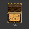 Open Wooden Storage Chest With Golden Decorations Filled With Gold Coins And Lock Beside