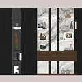 Modern Black Display Cabinet With Wooden Frame Layered Shelves And Decorative Items