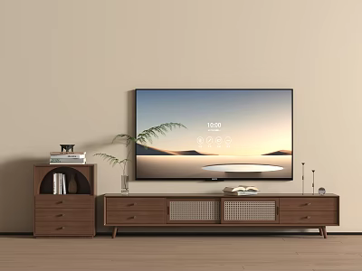 Wooden TV Stand with Drawers Grid Doors Bookshelf Books Plant on Wooden Floor Beige Wall 3d model