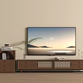 Wooden TV Stand with Drawers Grid Doors Bookshelf Books Plant on Wooden Floor Beige Wall