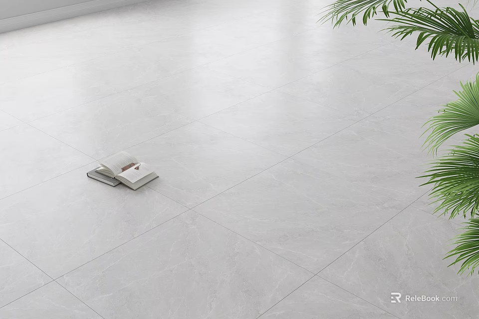 Modern White Marble Floor Tiles in Bright Living Space with Open Book and Green Plant 3d model 