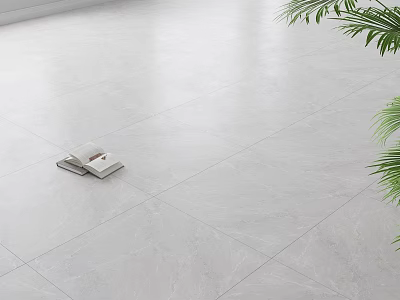 Modern White Marble Floor Tiles in Bright Living Space with Open Book and Green Plant 3d model