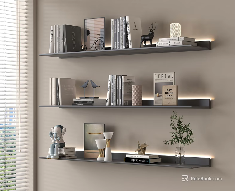 Decorative Ornament Combination On Wall Mounted Shelves With Books Photo Frames Deer Figurine And Small Plants 3d model 