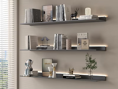 Decorative Ornament Combination On Wall Mounted Shelves With Books Photo Frames Deer Figurine And Small Plants 3d model