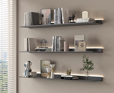 Decorative Ornament Combination On Wall Mounted Shelves With Books Photo Frames Deer Figurine And Small Plants 3d model