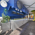Bubble Tea Shop Interior With Blue Walls Moon Decorations Cactus Checkerboard Display Counter Spiral Staircase