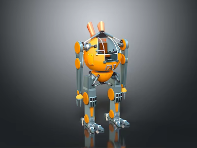 Mechanical Robot 3D Model With Orange Gray Spherical Body Mechanical Arms Legs And Antennae 3d model