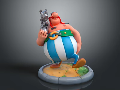 Muscular Cartoon Character In Striped Pants Holding Small Creature With Round Base Green Yellow Details 3d model