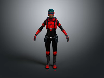 3D Character Model In Black Red Costume With Green Helmet Backpack And Red Knee Pads 3d model