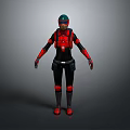 3D Character Model In Black Red Costume With Green Helmet Backpack And Red Knee Pads