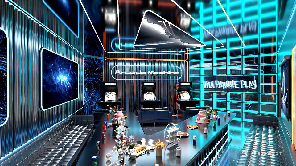 Modern KTV Room With Neon Lights And Bar Counter 3d model 