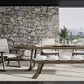 Rustic Dining Table Set with Wooden Chairs Bench and Stone Wall Backdrop City View 3d model