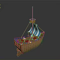 3D Rendered Wooden Sailing Ship With Blue And White Sail Tall Mast And Deck Details