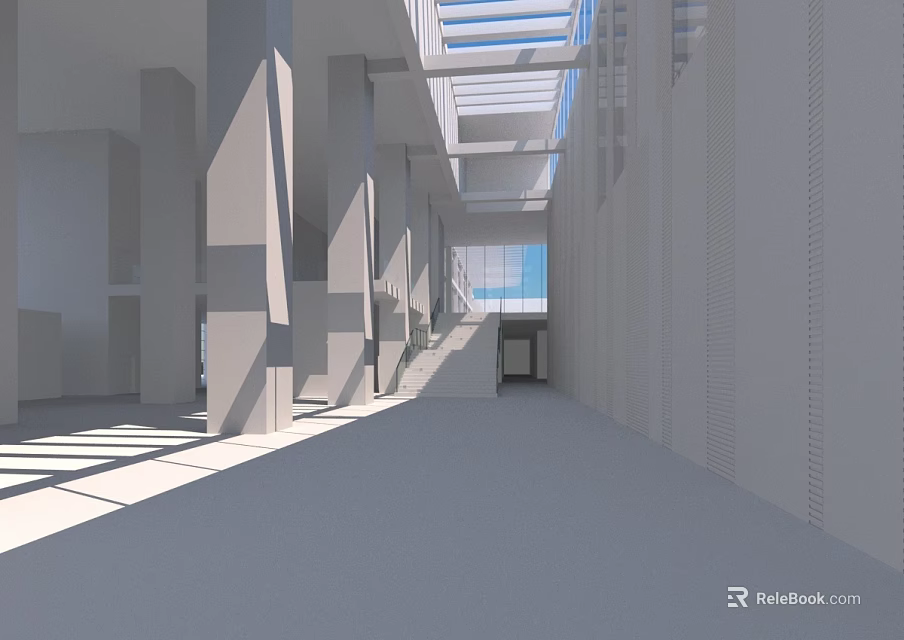 Spacious Modern Interior Space With Gray Columns Skylights Bright Lighting Gray Floor And Walls 3d model 