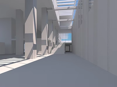 Spacious Modern Interior Space With Gray Columns Skylights Bright Lighting Gray Floor And Walls 3d model
