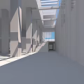 Spacious Modern Interior Space With Gray Columns Skylights Bright Lighting Gray Floor And Walls