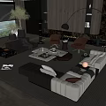 Modern Living Room Sofa and Coffee Table Set with Marble Table Floor Lamp Plants and Fireplace