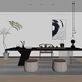 Modern Tea Room Interior Design With Black Long Table Tea Sets Round Stools Hanging Lights 3d model