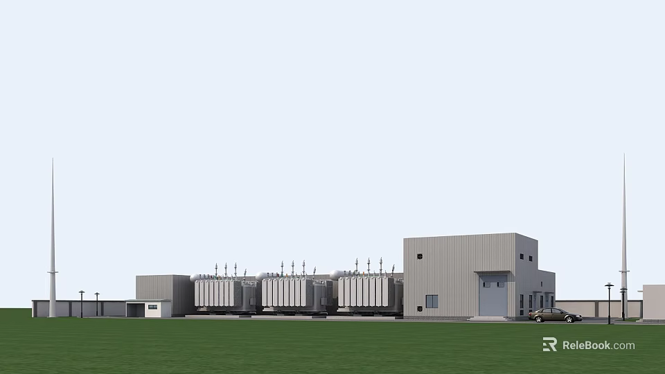 Modern Industrial Factory Building With Steel Structure Cooling Towers Green Lawn And Parking Space 3d model 