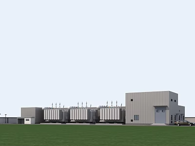 Modern Industrial Factory Building With Steel Structure Cooling Towers Green Lawn And Parking Space 3d model