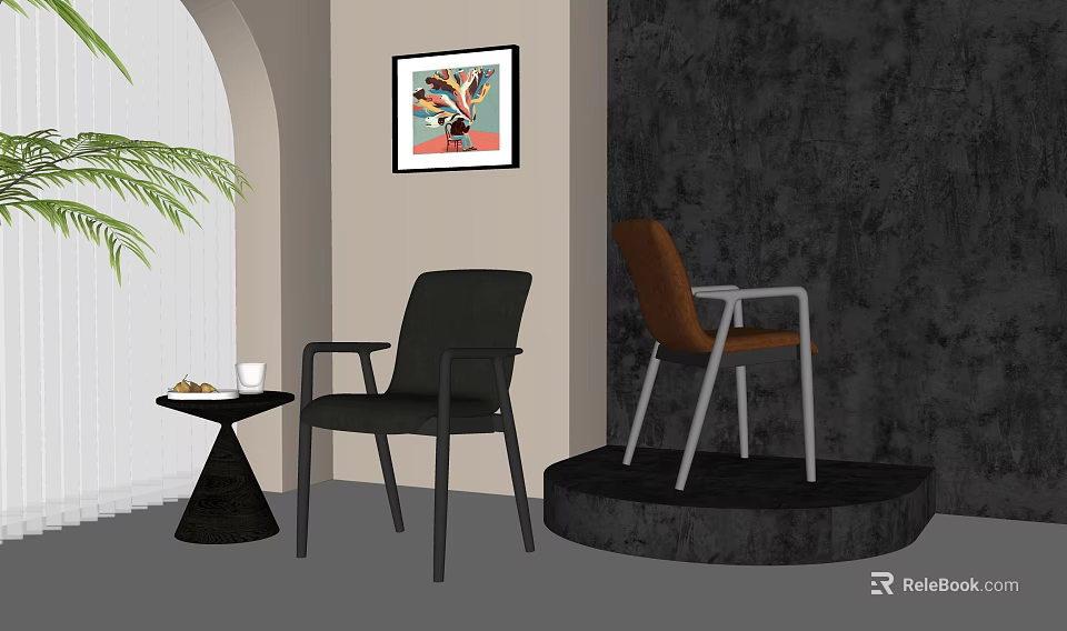 Black And Brown Dining Chairs On Display Platform Near Gray Wall With Colorful Painting 3d model 